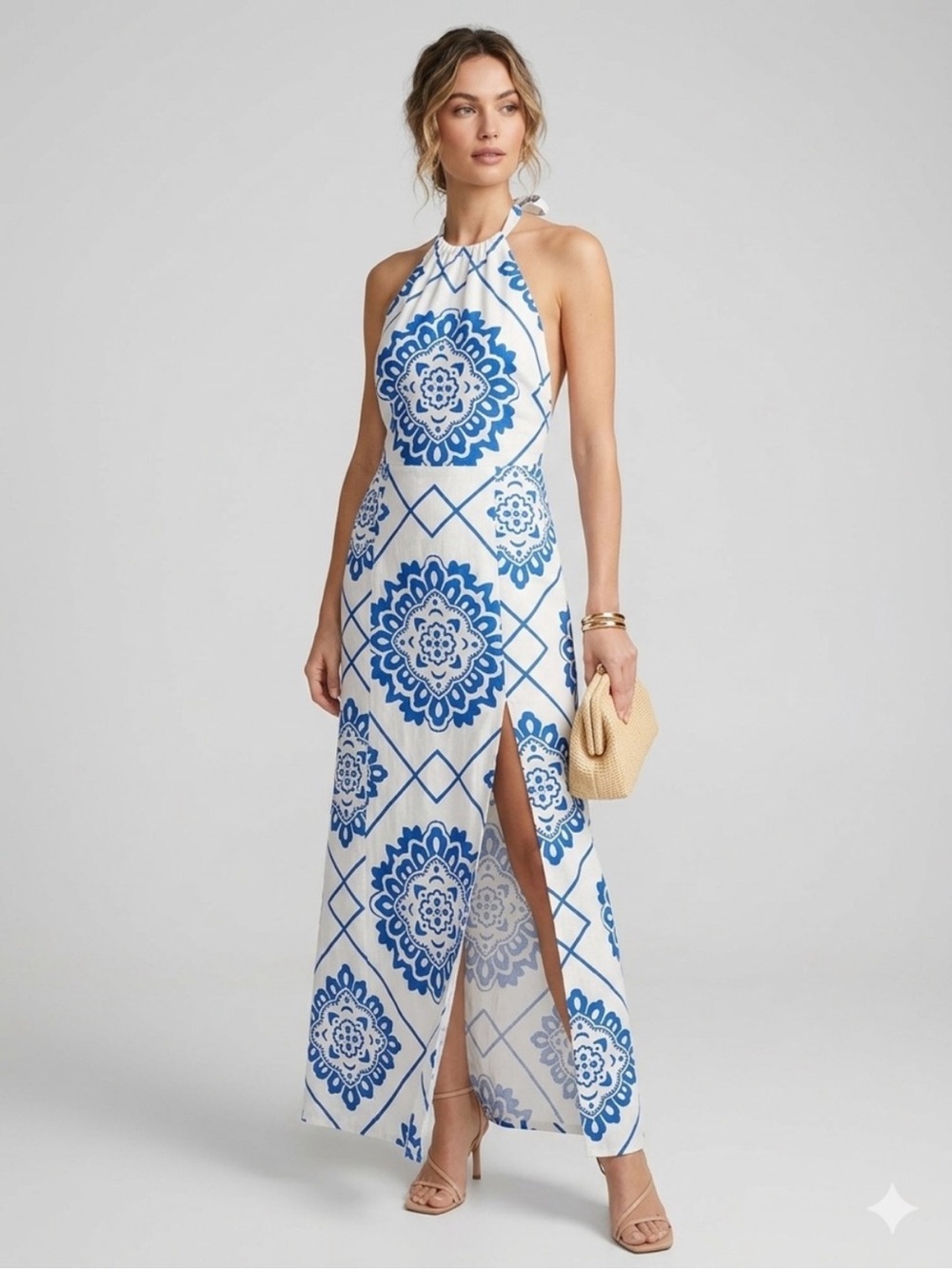 1. State Portuguese Tile Halter Open Back Linen Blend Maxi Dress Size XL